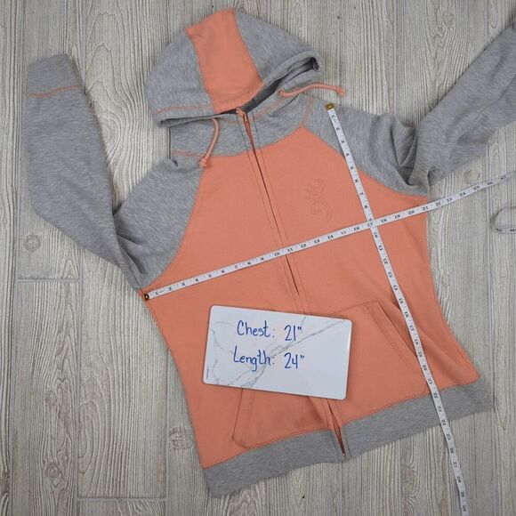 Browning Women’s Large Coral & Grey Colorblock Full Zip Jacket Coat Hooded - Picture 6 of 10